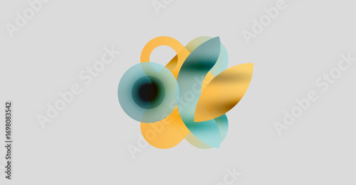 Abstract shapes overlap, creating soft color blends. Warm hues contrast cool tones on neutral background. Fluidity defines composition.