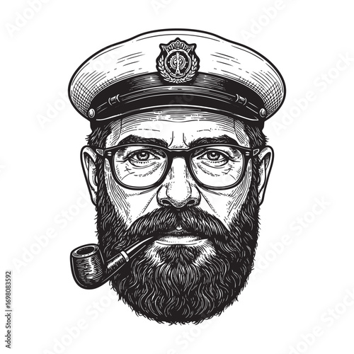 hipster sailor with thick beard and pipe engraving vector illustration