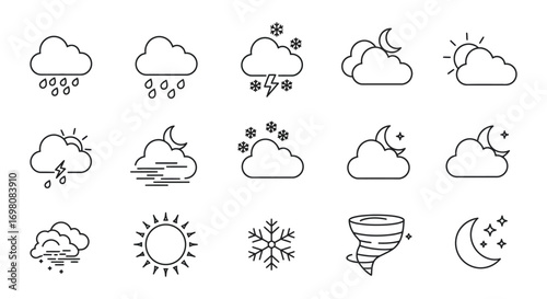 weather icons showing rain snow sun clouds moon and wind