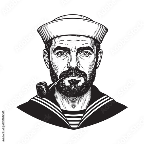 hipster sailor with thick beard and pipe engraving vector illustration