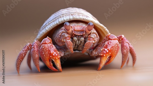Red hermit crab in shell, close-up view