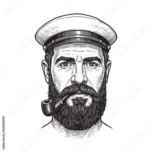 hipster sailor with thick beard and pipe engraving vector illustration