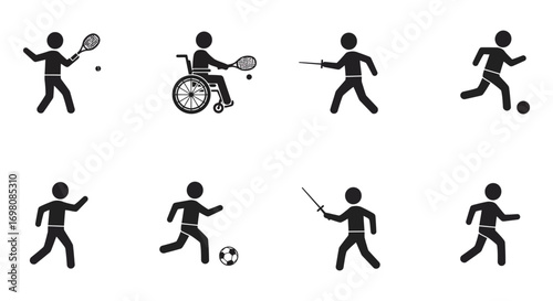 sports figures playing various games including tennis soccer fencing