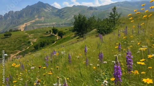 Wildflowers blooming on a hillside with mountains in the background.
