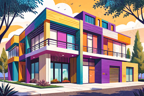 aesthetic contemporary building vector exterior designed with vibrant colors and sleek modern lines, ideal for architectural projects, creative artwork, urban design