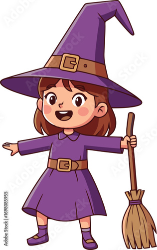 Cute little witch girl with broom isolated on white background