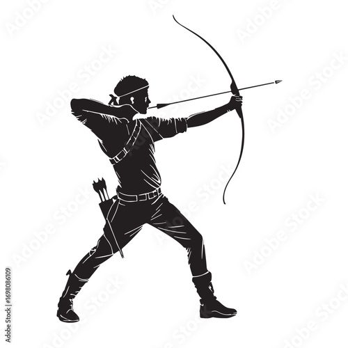 Black archery global bow and arrow combat Silhouette Vector, High Quality Illustration on White Background