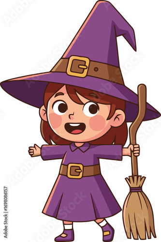 Cute little witch girl in a purple dress and hat isolated on white background
