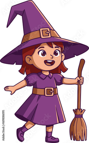 Cute little witch girl with broom isolated on white background for halloween