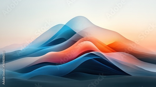 Abstract landscape of flowing, translucent hills in sunset hues