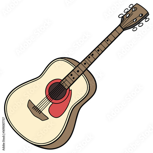 An acoustic guitar. It has a light-colored body with a reddish-brown pickguard and a dark brown fretboard and headstock. The drawing has thick, dark outlines and minimal shading.