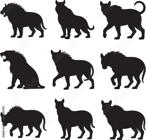 Collection of nine black silhouette wild animal poses on white background hyena predator