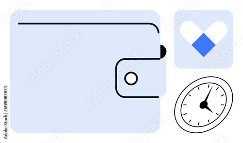 Wallet with clasp, analog clock, and capsule icon suggest financial planning, healthcare priorities, investment of time. Ideal for health management, saving, productivity, medication tracking
