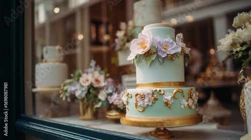 Elegant pastel mint tiered cake adorned with delicate flowers and gold accents displayed in a confectionery window
