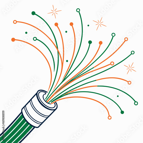 Abstract illustration of colorful exploding fireworks emanating from a hosepipe on a white background