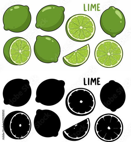 Lime slices and whole limes with transparent background