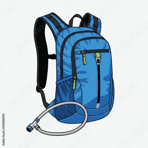 Blue hiking backpack with hydration reservoir isolated on white background
