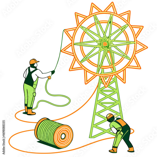 Construction workers installing a large solar panel structure on a white background with a spool of wire