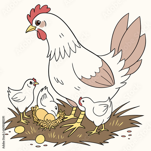 Cute cartoon hen protecting her chicks and eggs in a nest on a farm