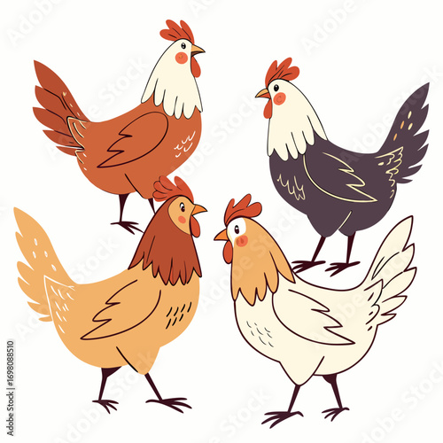 Four cute cartoon chickens standing together on a white background farm animals illustration