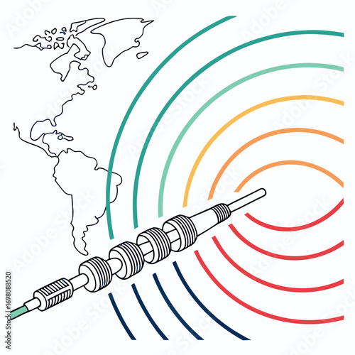 Global communication network connection with radio waves emanating from a cable connector and world map