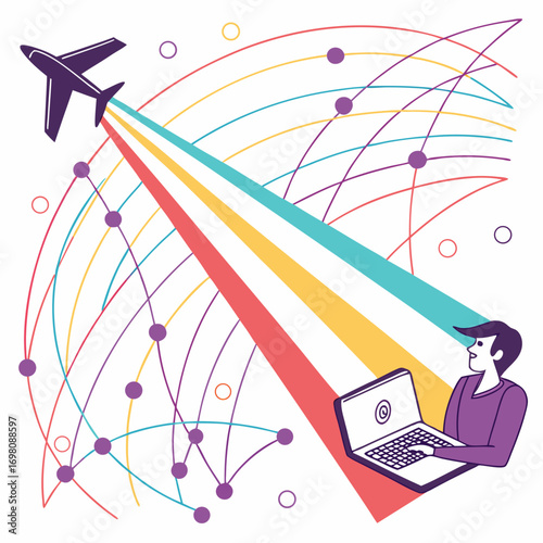 Man using laptop connected to airplane travel routes and global network connections concept