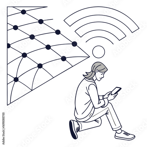 Person using a smartphone connected to a digital network with wi fi signal waves emanating