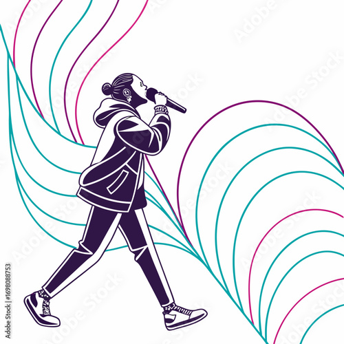 Stylish person singing into microphone with abstract wavy lines background in purple and teal colors