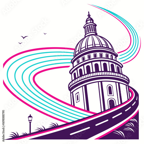 Stylized dome building with vibrant abstract ribbons and a winding road against a white background