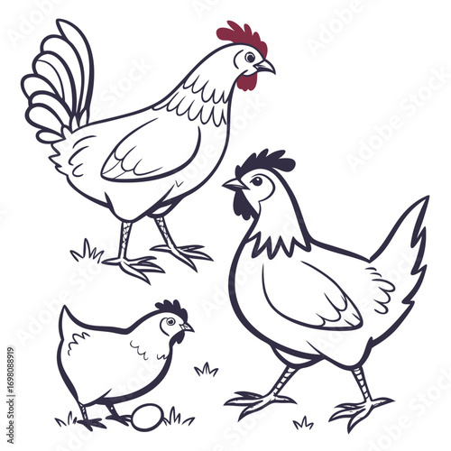Three cartoon chickens including a rooster and a hen with an egg on white background