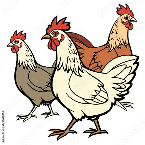 Three cartoon chickens of different colors walking together on a white background