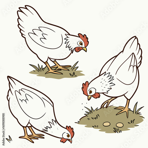 Three cartoon white chickens with red combs pecking at the ground and laying eggs on grass