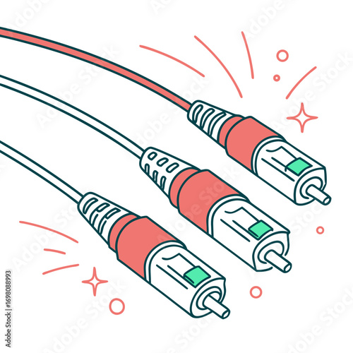 Three rca audio cables with red connectors and green accents on a white background with decorative elements