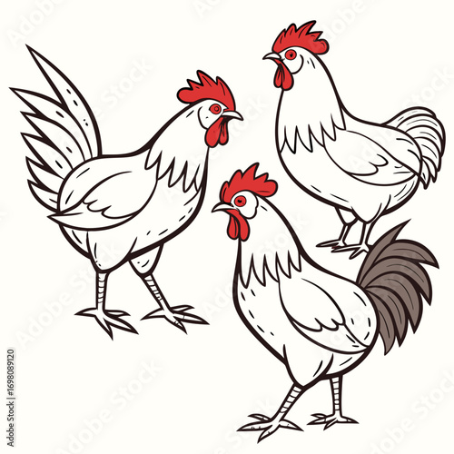 Three stylized roosters with red combs and wattle depicted in a simple line art style