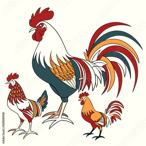 Three stylized roosters in red blue orange and yellow colors standing on a white background