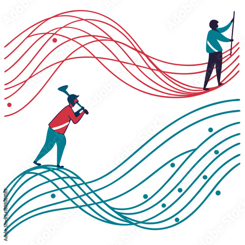 Two diverse individuals navigate contrasting wavy lines representing different paths and challenges in life