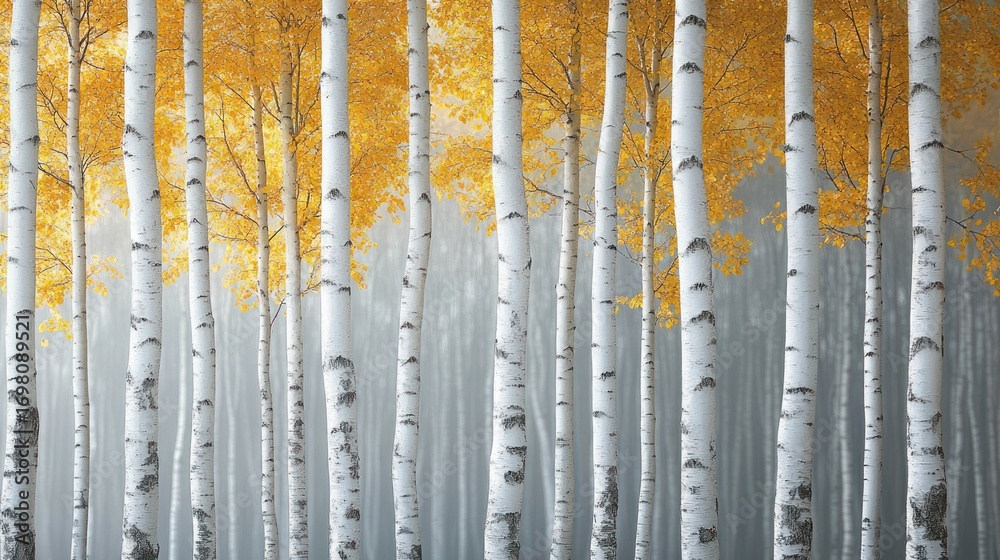 Obraz premium Misty birch forest in autumn. Golden leaves