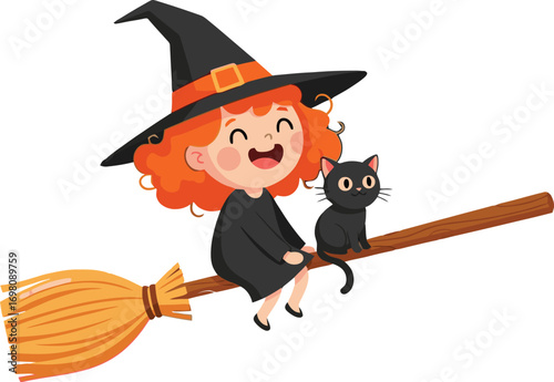 Cute little witch flying on a broom with her black cat isolated on white background