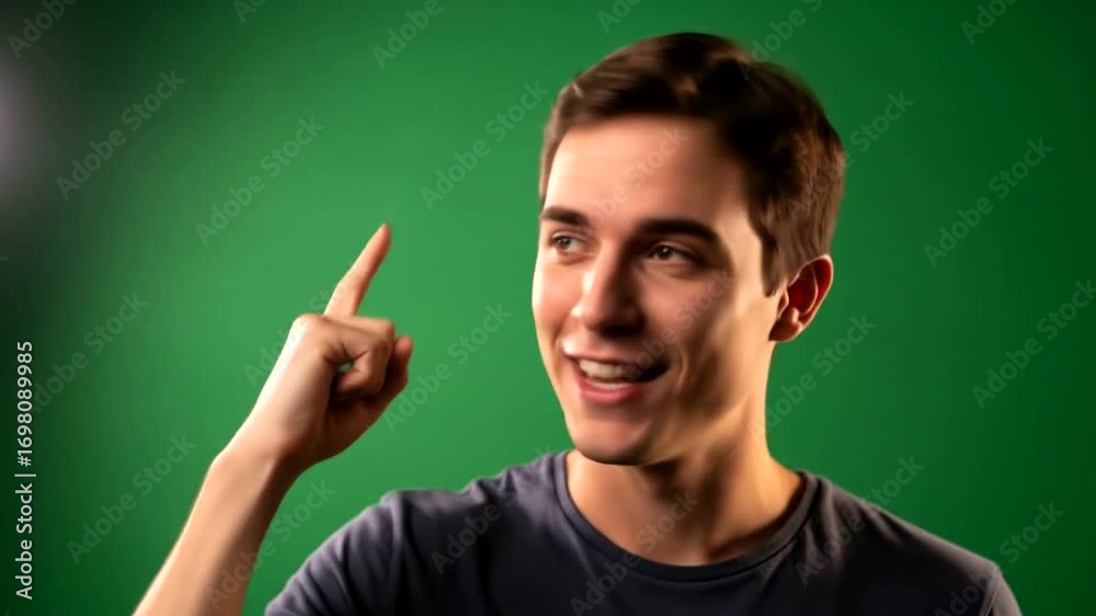 A young man with a thoughtful expression points upward against a solid green backdrop. A young man with a thoughtful expression points upward against a solid green backdrop.