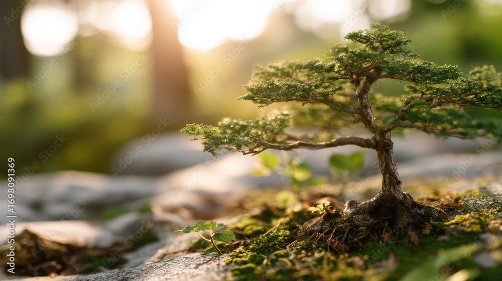 Fototapeta premium A small bonsai tree growing on a mossy rock in natural setting. Miniature tree with bright sunlight in background. For tranquility and zen concept.
