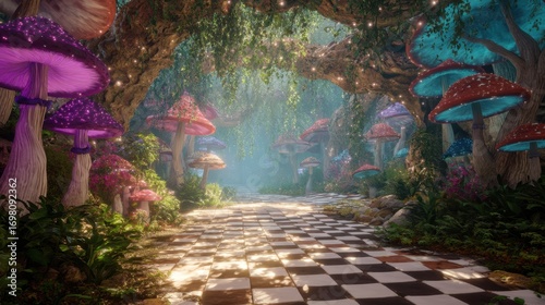 Fototapeta Naklejka Na Ścianę i Meble -  Magical forest with checkerboard path through giant glowing mushrooms. Enchanted wonderland landscape. Fairytale dream scene for kids.