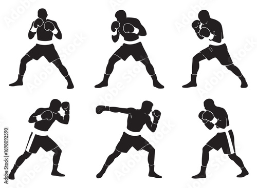 Boxing Silhouette Fighters Vector Set | Boxer Training Poses Clipart Illustration