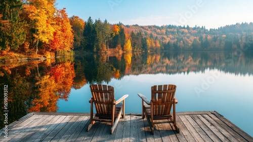 Fototapeta Naklejka Na Ścianę i Meble -  Two empty adirondack chair on a wooden dock overlooking a lake with vibrant autumn forest on the shore. Tranquil fall landscape for relaxation.