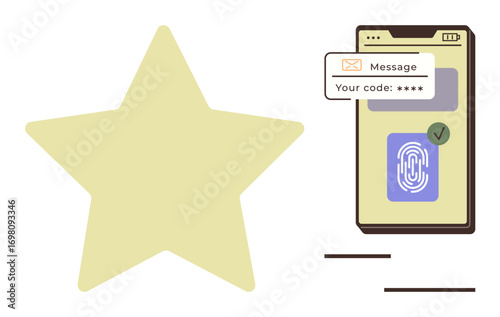Smartphone displaying fingerprint scan and secure message verification alongside a large star. Ideal for cybersecurity, authentication, privacy protection, biometrics, user interaction, ID