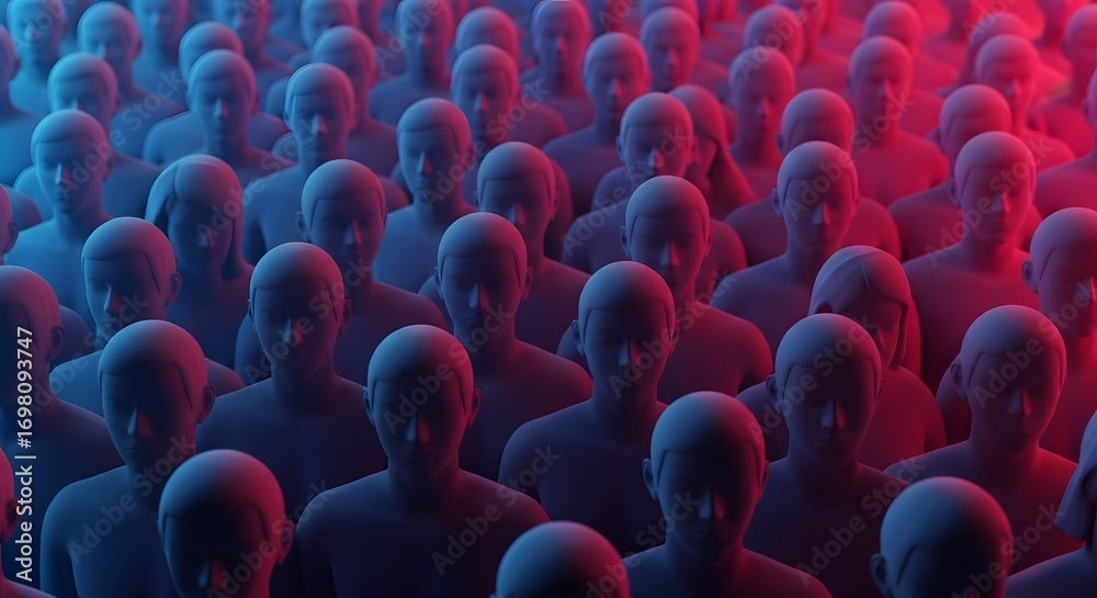 Obraz premium Abstract crowd of figures illuminated in red and blue light creating a dense and uniform pattern