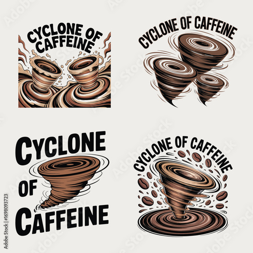 Swirling coffee cyclones with text brown black
