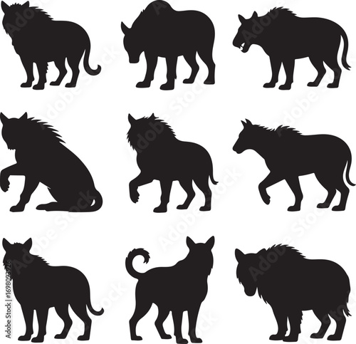 Nine Black Silhouettes of Hyenas in Various Poses on White Background animal wildlife