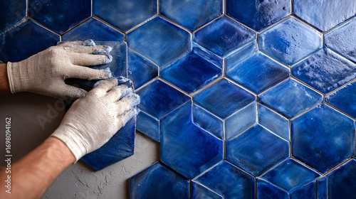 A hexagonal navy blue tiles being applied on wall, modern renovation concept, hands with gloves and adhesive, flat lay perspective
