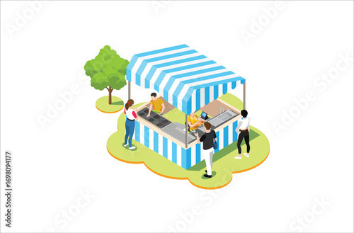 Modern Isometric Product Local market. Farmers selling healthy natural farming products in containers outdoor store with vegetables and fruits vector isometric concept. Suitable for Graphic Asset