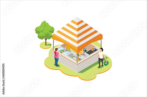 Modern Isometric Product Local market. Farmers selling healthy natural farming products in containers outdoor store with vegetables and fruits vector isometric concept. Suitable for Graphic Asset